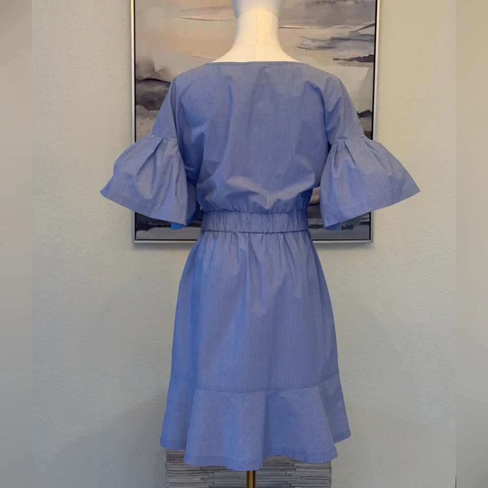 100% cotton Blue White Striped Midi Dress with Flare Sleeves - Picture 3 of 16